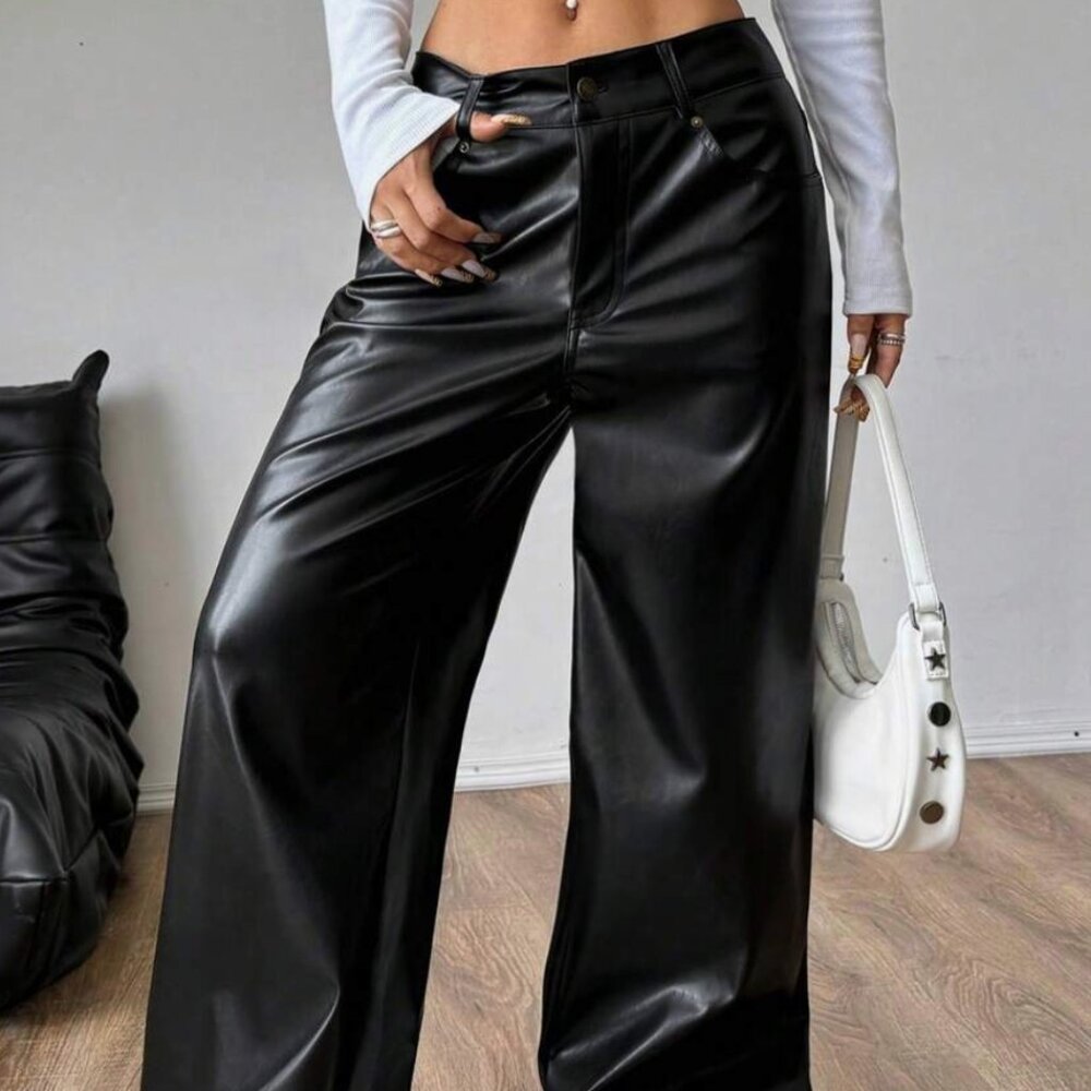 Straight-Leg Casual Leather Pants